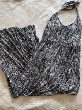 Clayton Black and White Abstract Crosshatch Halter Maxi Dress